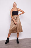Kraş İnce Deri Yüksek Bel Yan Cepli Kiloş Uzun Etek-Bej