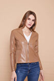 Ekolojik Suni Deri V Yaka Uzun Kol Fermuarlı Blazer Ceket-Koyu Bej