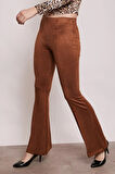 Süet Likralı Kumaş Yüksek Bel Ön Arka Dikişli İsanyol Paça Tayt Pantolon-Taba