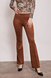 Süet Likralı Kumaş Yüksek Bel Ön Arka Dikişli İsanyol Paça Tayt Pantolon-Taba