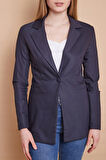 Yakalı Tek Düğme Uzun Kol Hafif Likralı Kumaş Blazer Uzun Ofis Ceket-Lacivert