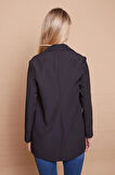 Yakalı Kolu Katlamalı Cep Kapaklı Salaş Boyfriend Oversize Hafif Likralı Kumaş Blazer Ceket-Siyah