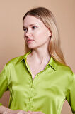 Saten Kumaş Yakalı Kapri Kol Şık Ofis Gömlek-Yağ Yeşili