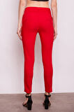 Yüksek Bel Kalın Kemerli Cepli Dar Paça Bilek Boy Pamuklu Likralı Kumaş Pantolon-Kırmızı