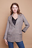 Ekoseli Yakalı Kolu Katlamalı Cep Kapaklı Boyfriend Hafif Likralı Kumaş Blazer Ceket-Hardal Ekose