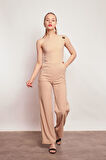 Likralı Krep Kumaş Tek Omuz Aksesuarlı Yan Cepli Bol Paça Abiye Nişan Ofis Tulum-Bej