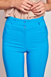 Kalın Kemerli Süs Cepli Bilek Boy Likralı Kumaş Pantolon-Mavi