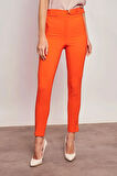 Kalın Kemerli D Tokalı Bilek Boy Normal Bel Likralı Kumaş Pantolon -Oranj 