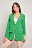 Yakalı Kolu Katlamalı Cep Kapaklı Salaş Boyfriend Oversize Hafif Likralı Kumaş Blazer Ceket-Yeşil