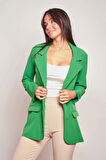 Yakalı Kolu Katlamalı Cep Kapaklı Salaş Boyfriend Oversize Hafif Likralı Kumaş Blazer Ceket-Yeşil