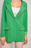 Yakalı Kolu Katlamalı Cep Kapaklı Salaş Boyfriend Oversize Hafif Likralı Kumaş Blazer Ceket-Yeşil