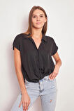 Likrasız Şık Kumaş Yakalı Düşük Omuzlu Önü Pileli Gömlek-Siyah