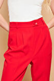 Yüksek Bel Pileli Cepli Boyfriend Hafif Likralı Kumaş Pantolon-Kırmızı