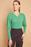 V Yaka Kol Büzgülü Uzun Kol Hafif Esnek Triko Bluz-Zümrüt