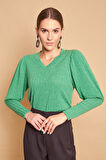 V Yaka Kol Büzgülü Uzun Kol Hafif Esnek Triko Bluz-Zümrüt