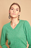V Yaka Kol Büzgülü Uzun Kol Hafif Esnek Triko Bluz-Zümrüt
