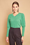 V Yaka Kol Büzgülü Uzun Kol Hafif Esnek Triko Bluz-Zümrüt