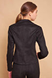 Hafif Likralı Süet Kumaş Flato Cepli Uzun Kol Kısa Blazer Ceket-Siyah