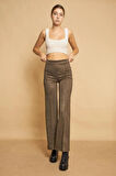 Palazzo Yüksek Bel Ön Dikişli Bol Paça Hafif Likralı Süet Kumaş Pantolon-Haki