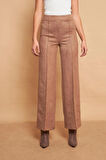 Palazzo Yüksek Bel Ön Dikişli Bol Paça Hafif Likralı Süet Kumaş Pantolon-Vizon