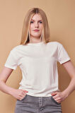 Kadın Sıfır Yaka Kırışmaz Span Karışımlı Şık Kısa Kol Likralı T-shirt Bluz-Krem
