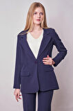 Kadın Yakalı Cep Kapaklı Uzun Kol Hafif Likralı Kumaş Oversize Blazer Ceket(Pantolonu Jument 40075)-Lacivert