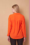 Kadın Yakalı Düşük Omuzlu Uzun Kol Likrasız Kumaş Gömlek-Oranj