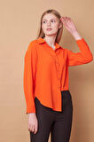 Kadın Yakalı Düşük Omuzlu Uzun Kol Likrasız Kumaş Gömlek-Oranj