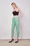 Yüksek Bel Kalın Kemerli Cepli Dar Paça Bilek Boy Pamuklu Likralı Kumaş Pantolon -Mint 