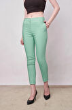 Yüksek Bel Kalın Kemerli Cepli Dar Paça Bilek Boy Pamuklu Likralı Kumaş Pantolon -Mint 