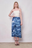 Kadın Desenli Likrasız Saten Kumaş Yüksek Bel Uzun Çan Etek-Mavi Desen
