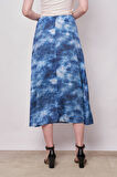 Kadın Desenli Likrasız Saten Kumaş Yüksek Bel Uzun Çan Etek-Mavi Desen