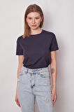 Kadın Sıfır Yaka Kırışmaz Span Karışımlı Şık Kısa Kol Likralı T-shirt Bluz-Lacivert