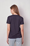 Kadın Sıfır Yaka Kırışmaz Span Karışımlı Şık Kısa Kol Likralı T-shirt Bluz-Lacivert