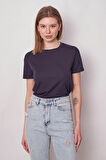 Kadın Sıfır Yaka Kırışmaz Span Karışımlı Şık Kısa Kol Likralı T-shirt Bluz-Lacivert