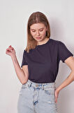 Kadın Sıfır Yaka Kırışmaz Span Karışımlı Şık Kısa Kol Likralı T-shirt Bluz-Lacivert