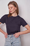 Kadın Sıfır Yaka Kırışmaz Span Karışımlı Şık Kısa Kol Likralı T-shirt Bluz-Lacivert