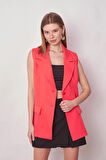Kadın Yakalı Cep Kapaklı Hafif Likralı Dokuma Kumaş Oversize Blazer Yelek-Mercan