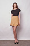 Kadın Yüksek Bel Önü Düğmeli Volanlı Hafif Mini Etek-Hardal 