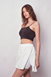 Kadın Bol Kesim Yüksek Bel Beli Lastikli Taytlı Spor Şort Etek-Beyaz