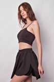 Kadın Bol Kesim Yüksek Bel Beli Lastikli Taytlı Spor Şort Etek-Siyah
