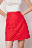 Kadın Dantel Detaylı Yüksek Bel Hafif Esnek Dokuma Kumaş Çan Etek(boy:49cm +-2cm)-Kırmızı 