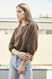 Kadın Keten Geniş Sıfır Yaka Yakası Düğmeli Kolları Lastikli Bluz -Kahve 