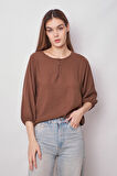 Kadın Keten Geniş Sıfır Yaka Yakası Düğmeli Kolları Lastikli Bluz -Kahve 