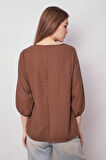 Kadın Keten Geniş Sıfır Yaka Yakası Düğmeli Kolları Lastikli Bluz -Kahve 