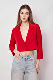 Kadın Kruvaze Anvelop Hafif Likralı Kumaş Crop Kısa Blazer Ceket-Kırmızı 
