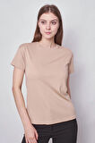 Kadın Sıfır Yaka Kırışmaz Span Karışımlı Şık Kısa Kol Likralı T-shirt Bluz-Koyu Bej 
