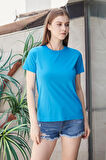Kadın Sıfır Yaka Kırışmaz Span Karışımlı Şık Kısa Kol Likralı T-shirt Bluz-Mavi 