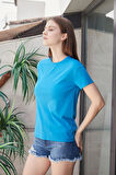Kadın Sıfır Yaka Kırışmaz Span Karışımlı Şık Kısa Kol Likralı T-shirt Bluz-Mavi 