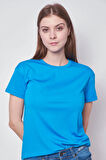 Kadın Sıfır Yaka Kırışmaz Span Karışımlı Şık Kısa Kol Likralı T-shirt Bluz-Mavi 